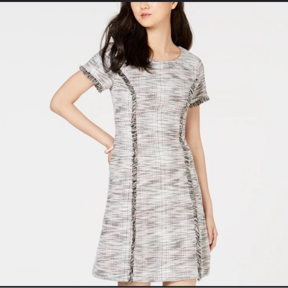 CONNECTED APPAREL Size 10 White Pink Black Tweed Fringe A-Line Dress